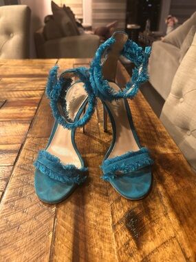 Gianvito Rossi Teal Fringed Stiletto Sandals